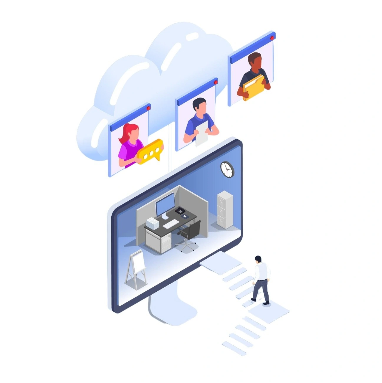 Cloud-based remote work and online collaboration illustration
