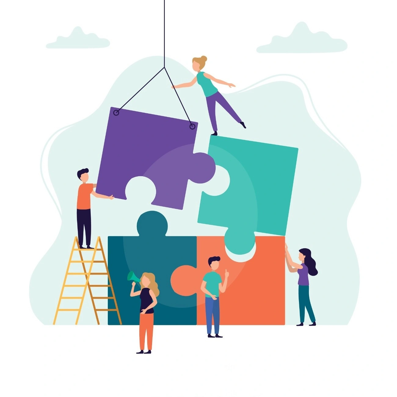 Teamwork assembling puzzle pieces illustration
