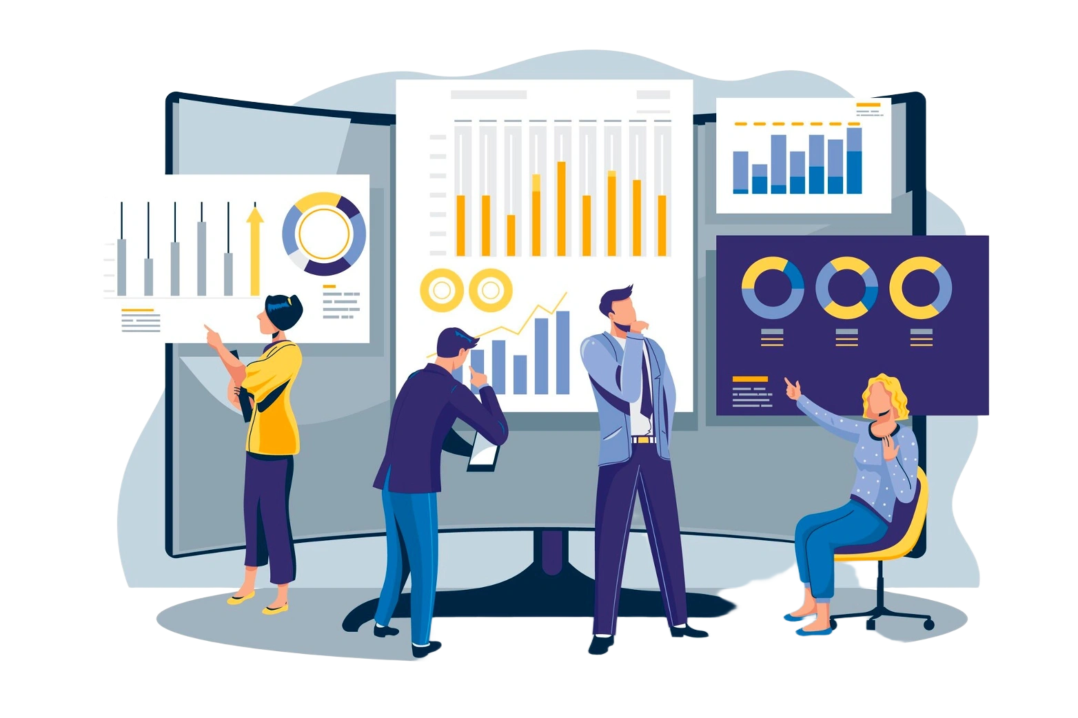 Team analyzing business data dashboards illustration