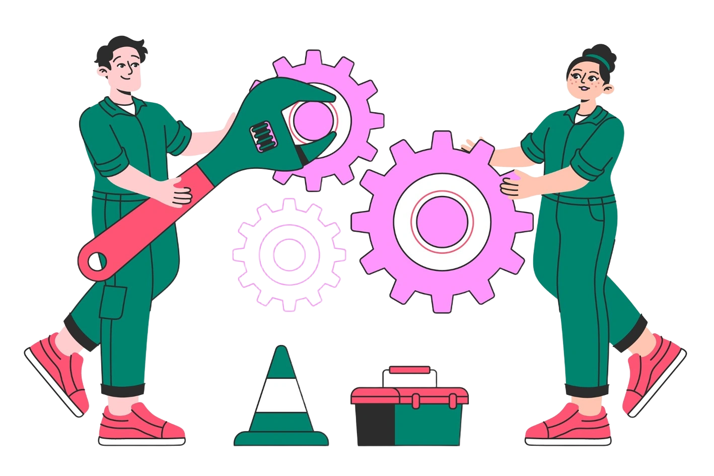 Team working on technical maintenance and repair illustration